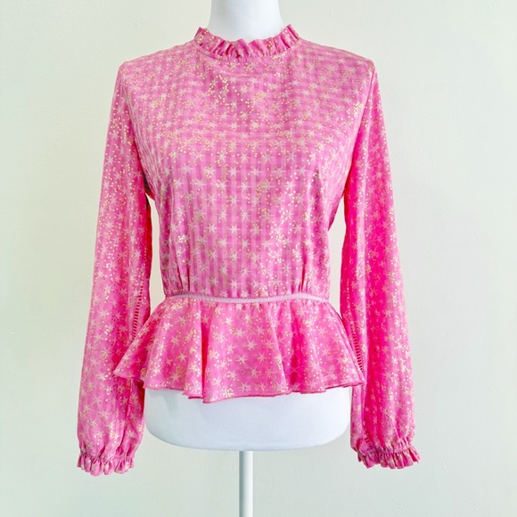 STINE GOYA PINK GOLD STAR PRINT SHIRLEY BACK SLIT OPENING RUFFLE PEPLUM TOP - Picture 1 of 13